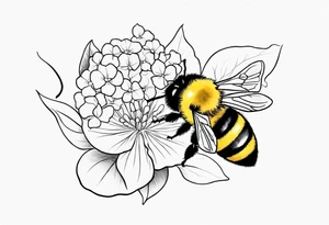 Small tattoo. There’s a hydrangea and a bee but they are not touching. Make the bee smaller than the hydrangea and have the bee off to the side. Bee is smaller than the hydrangea tattoo idea