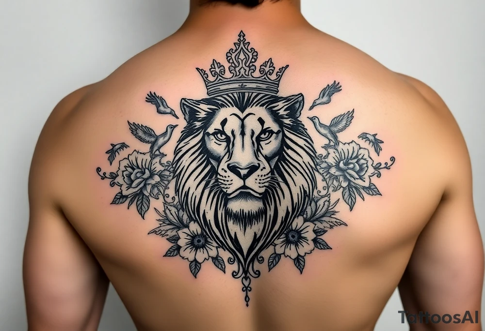powerful majestic lion with a crown, surrounded by floral ornaments and birds tattoo idea
