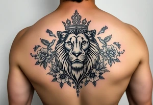 powerful majestic lion with a crown, surrounded by floral ornaments and birds tattoo idea
