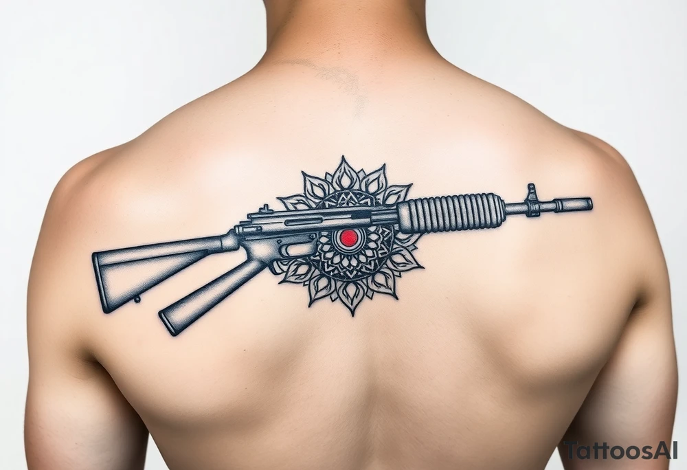 "Minimalist machine gun tattoo: Maxim 1910 outline flows into Tibetan mandala. Red dot sight is a tiny mirror. Black ink, geometric style, 10cm length. tattoo idea