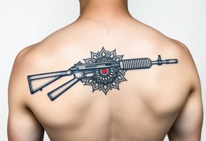 "Minimalist machine gun tattoo: Maxim 1910 outline flows into Tibetan mandala. Red dot sight is a tiny mirror. Black ink, geometric style, 10cm length. tattoo idea