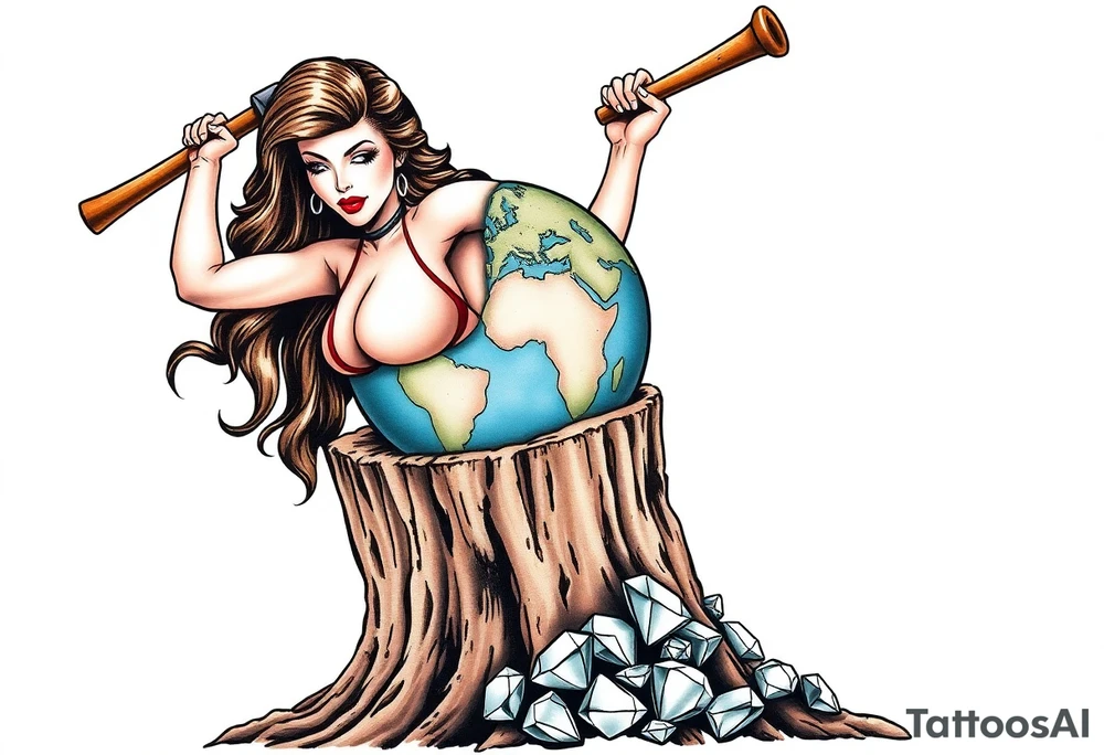 a very beautiful pin up girl, the pin up girl has her breasts nude with nipples exposed and in view, the pin up girl is wearing a g string, the pin up girl is swinging a large mallet overhead, the motion of swinging resembles an ax chopping wood, the mallet she is swinging is making contact with a earth globe, the earth globe is on top of a tree stump, the earth globe is half of the size of the diameter of the top surface of the tree stump, the earth globe is being squashed and compressed between the mallet and the trees stump, there is a pile of diamonds at the base of the tree stump, the idea is that the mallet is compressing the earth globe and the product is the diamonds that have fallen below, the idea is that the pin up girl if very beautiful, the idea is that pressure makes diamonds tattoo idea