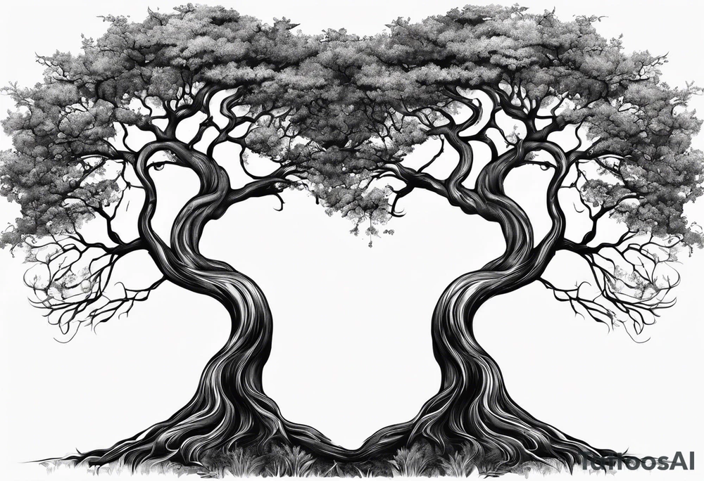 Two seperate trees twisting their trunks together tattoo idea
