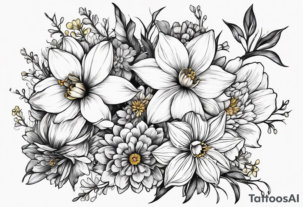 Narcissus, Chrysanthemum, Cosmos, snow drop that shows all the flower stems for the back of the arm. tattoo idea