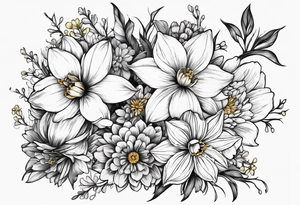 Narcissus, Chrysanthemum, Cosmos, snow drop that shows all the flower stems for the back of the arm. tattoo idea