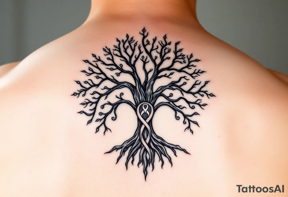 geometrical mystical tree of life with cosmic roots and celestial branches with HIV-positive symbol tattoo idea