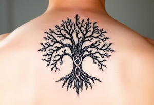 geometrical mystical tree of life with cosmic roots and celestial branches with HIV-positive symbol tattoo idea