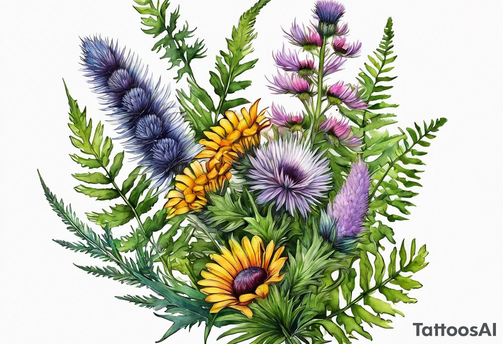 small vertical mixed wildflower bouquet with ferns, thistle and with watercolor tattoo idea