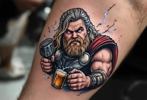 Fat Thor from Endgame holding a beer and Stormbreaker, with sparks of lightning around him in a humorous yet detailed tattoo design. tattoo idea