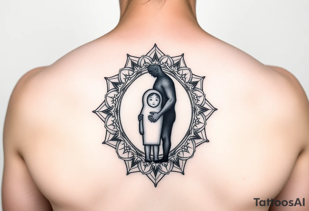 Single mirror showing unified reflection - adult figure standing strong with faint child silhouette visible inside chest/heart area like nested Russian dolls, showing integration not separation, geometric mandala frame, dotwork style, represents carrying inner child not losing them, black and grey tattoo idea