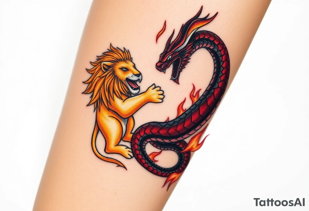 A heavenly lion, golden and majestic, surrounded by clouds and soft light, fighting against a hellish serpent, its body coiled with dark red and black scales, surrounded by flames and smoke, symbolizing an eternal struggle between good and evil forces. tattoo idea