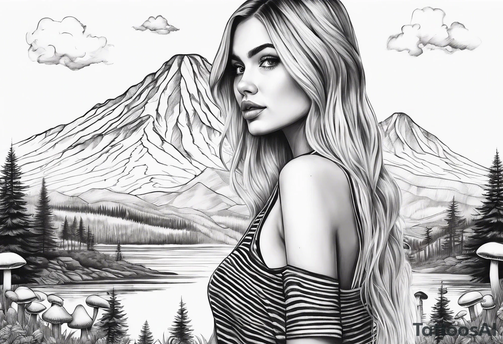 Straight long blonde hair girl holding mushrooms in hand facing away toward mountains surrounded by mushrooms black and white striped dress tattoo idea