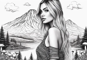Straight long blonde hair girl holding mushrooms in hand facing away toward mountains surrounded by mushrooms black and white striped dress tattoo idea