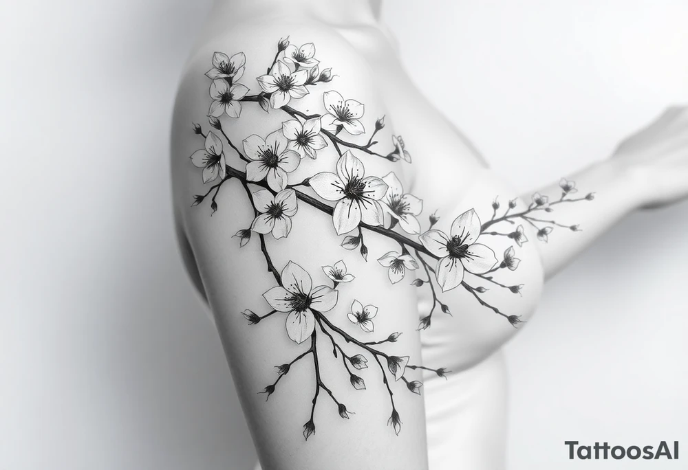 delicate cherry blossoms swirling in spring breeze with petals tattoo idea