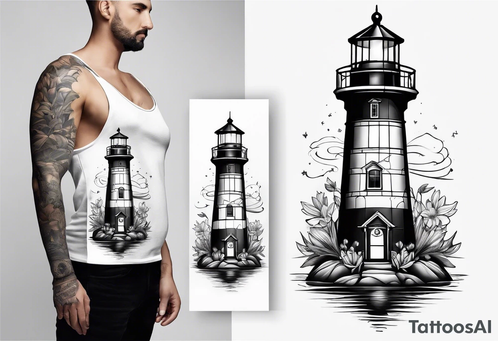 A light house with a lily at the bottom tattoo idea