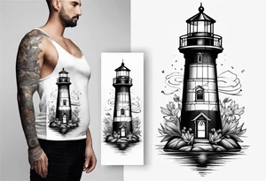 A light house with a lily at the bottom tattoo idea