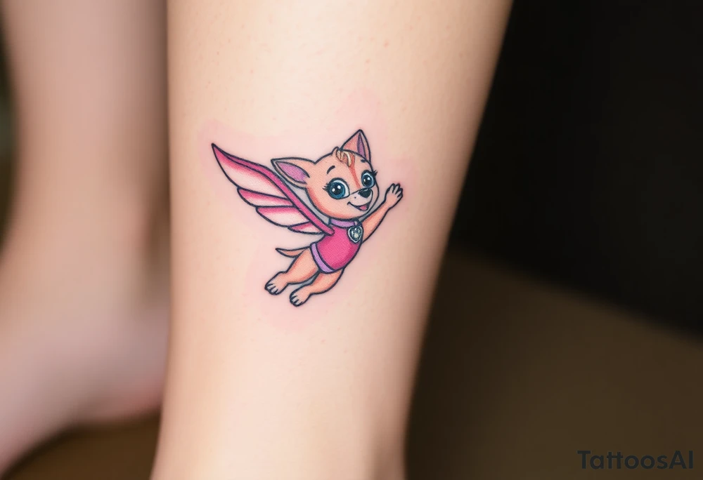 The Paw Patrol  member Skye in pink suit soaring in the air with outstretched pink wings, tattoo idea