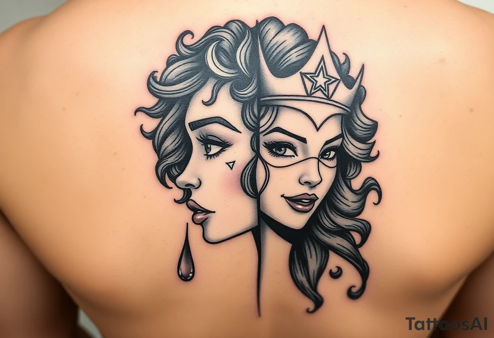 A beautiful woman with beautiful curly hair, and a teardrop falling from her eyes, African American blend into one face with the othe 1/2 a beautiful super hero women with a crown and a smirk on her face. Embodying 1/2 faced one soft and gentle-one strong and mighty. Blend together onto 1 face tattoo idea