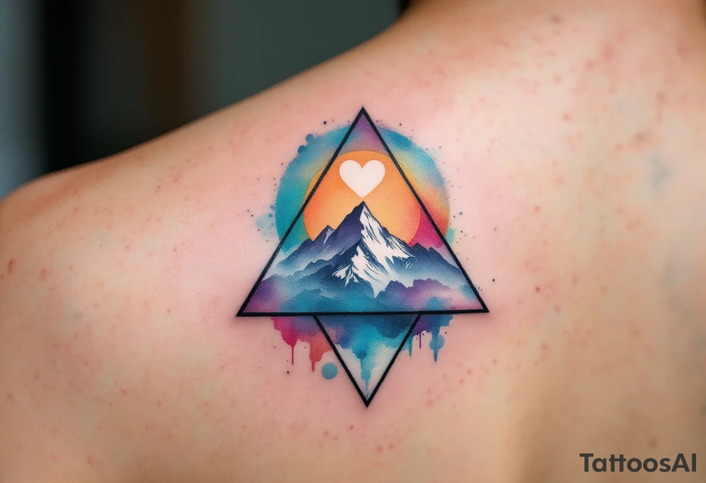 A triangle with a big heart in the cente with a mountain theme tattoo idea