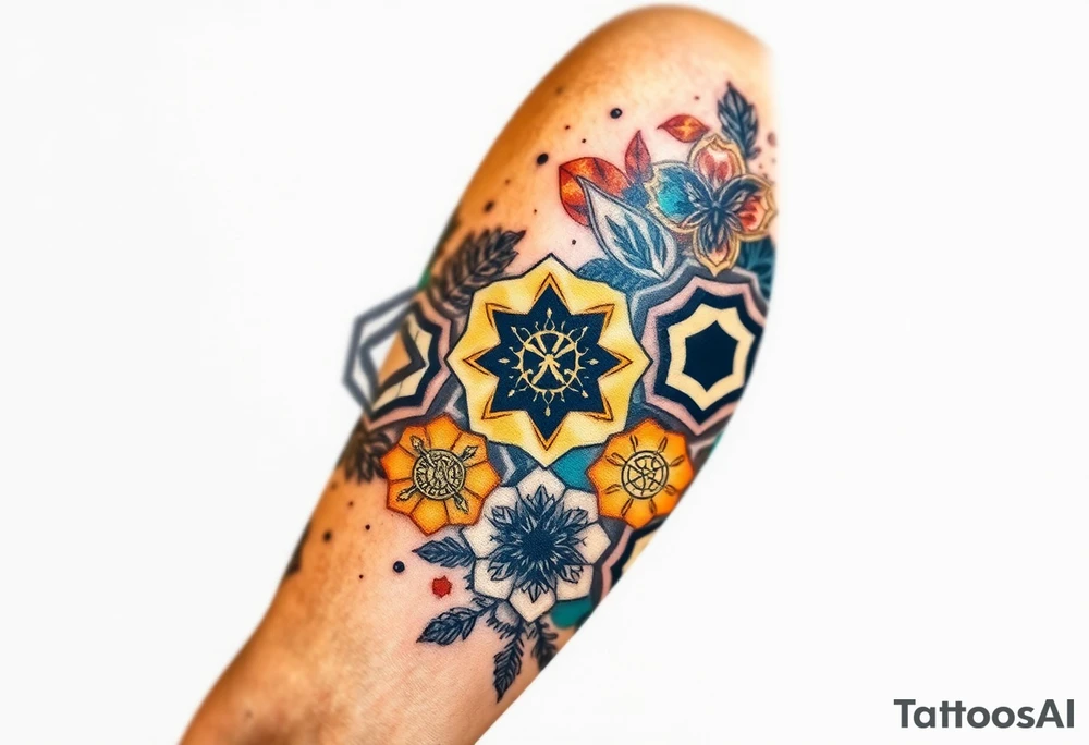 Good karma symbols inside honey combs tattoo idea