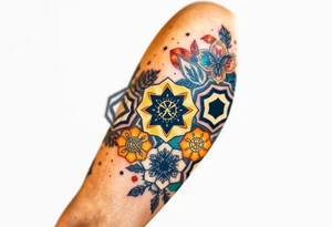 Good karma symbols inside honey combs tattoo idea