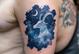 A night-sky Aries tattoo combines navy and indigo watercolor with the Aries star constellation drawn in white ink. tattoo idea