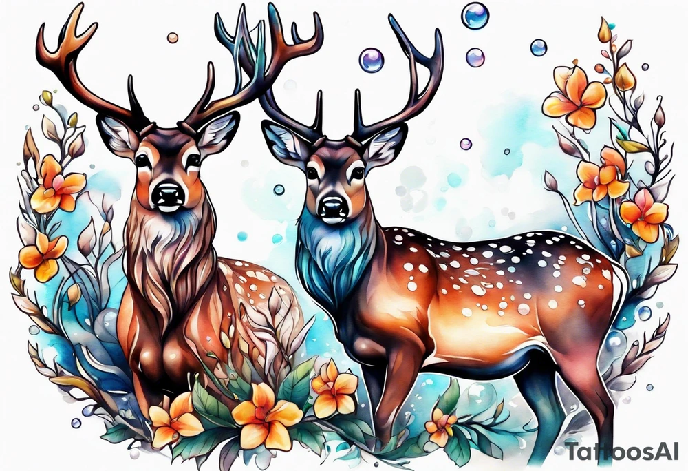 Deer bubbles plants tattoo idea