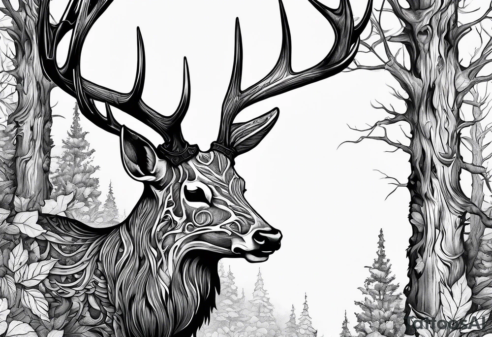 A side view of a decayed deer skull NO SKIN JUST BONE surrounded by trees and FLAMES in background tattoo idea