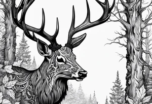 A side view of a decayed deer skull NO SKIN JUST BONE surrounded by trees and FLAMES in background tattoo idea