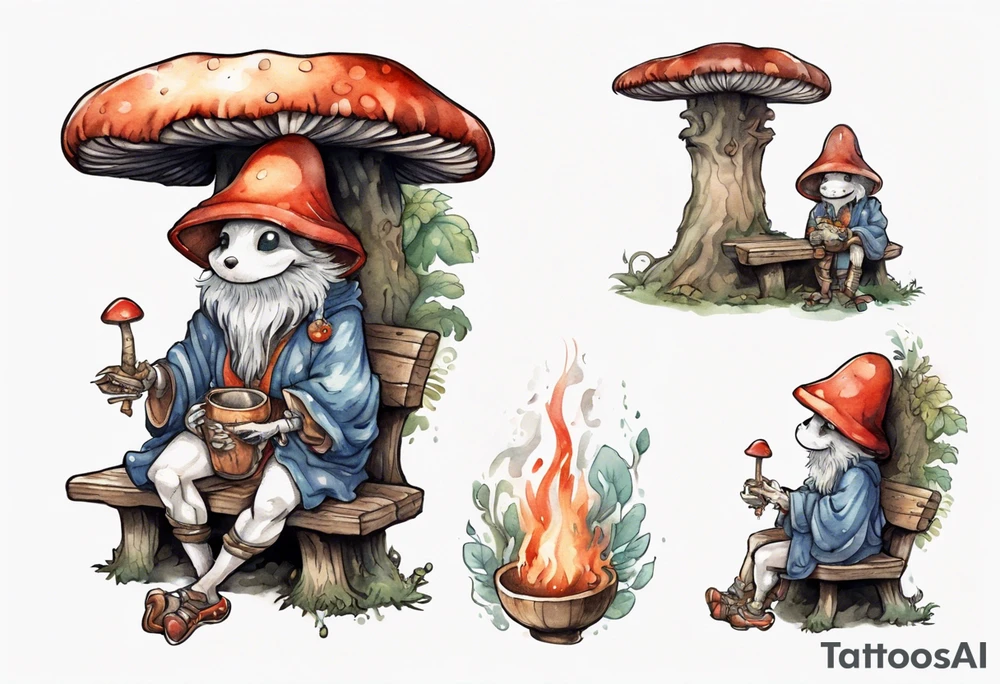 a mushroom-creature wearing a  medieval tunic sitting on a bench by a fireplace drinking from a wood cup, smiling tattoo idea
