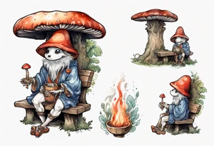 a mushroom-creature wearing a  medieval tunic sitting on a bench by a fireplace drinking from a wood cup, smiling tattoo idea