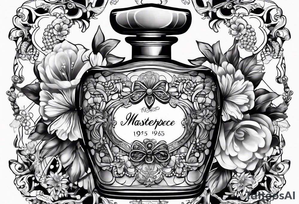 1950s perfume bottle with bows, pearls, lace, and flowers tattoo idea