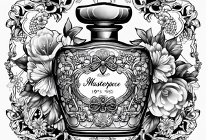 1950s perfume bottle with bows, pearls, lace, and flowers tattoo idea