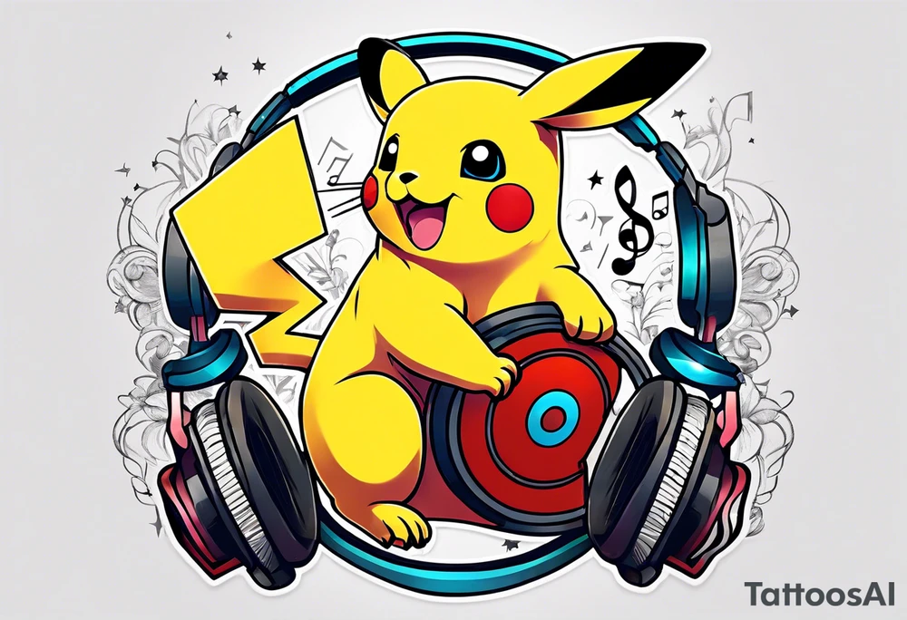 pickachu sitting on a lion listening to music with music notes and thinder bolts tattoo idea