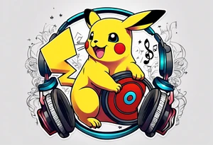 pickachu sitting on a lion listening to music with music notes and thinder bolts tattoo idea