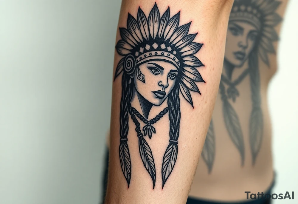 Female Native American woman with headdress tattoo idea