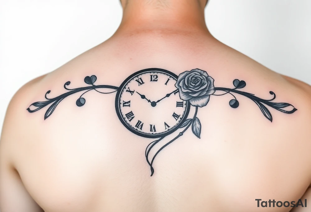 Clock showing 12:56 with rose stencil white background 
Not on body tattoo idea