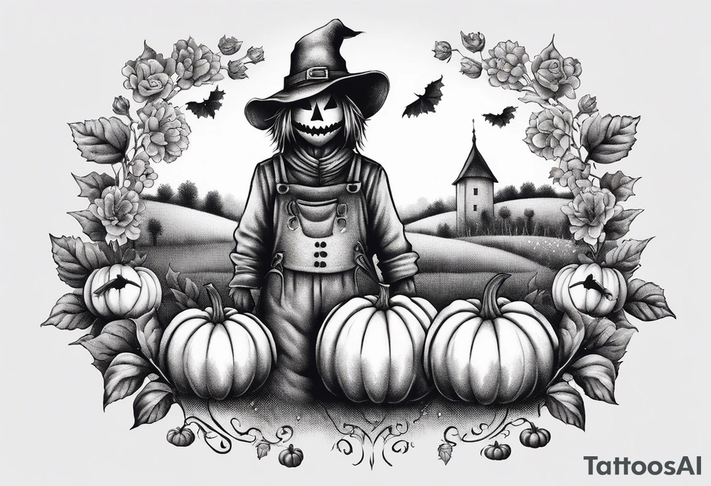 friendly scarecrow with pumpkins and flowers tattoo idea