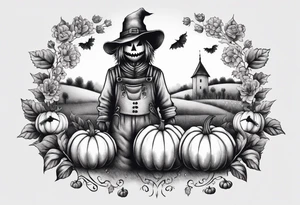 friendly scarecrow with pumpkins and flowers tattoo idea