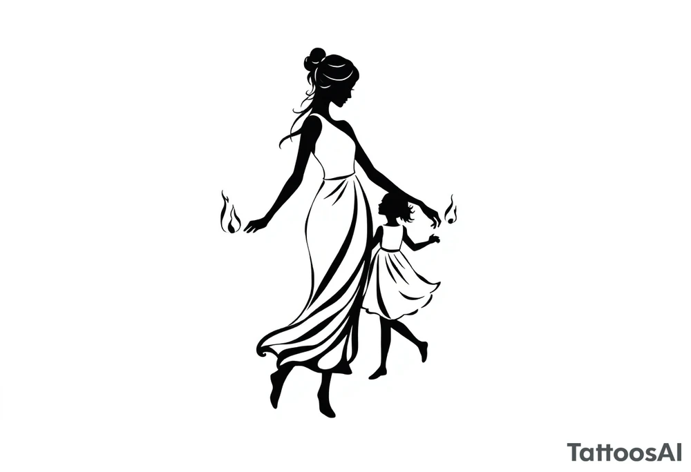 Silhouette of a mother passing 2 flames to two daughters tattoo idea