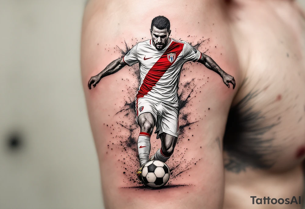 A tattoo of a soccer player mid-kick, wearing Slavia Praha’s white and red jersey, striking a ball with the club crest on it. tattoo idea