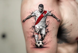 A tattoo of a soccer player mid-kick, wearing Slavia Praha’s white and red jersey, striking a ball with the club crest on it. tattoo idea