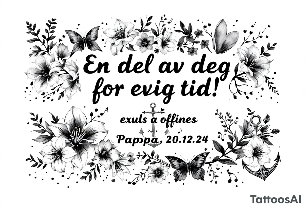 Quote in two rows; En del av deg for evig tid! Pappa, 20.12.24. Surround the quote with gladioluses, hearts, music notes and an anchor tattoo idea