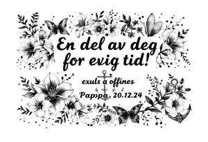 Quote in two rows; En del av deg for evig tid! Pappa, 20.12.24. Surround the quote with gladioluses, hearts, music notes and an anchor tattoo idea