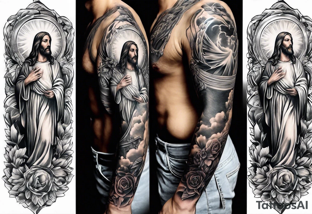 Catholic tattoo sleeve for a man. tattoo idea with Jesus on upper arm looking down tattoo idea