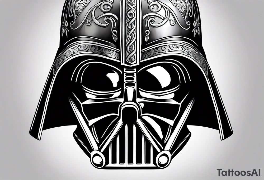 Half Darth Vader helmet half skull in Roman gladiator style tattoo idea