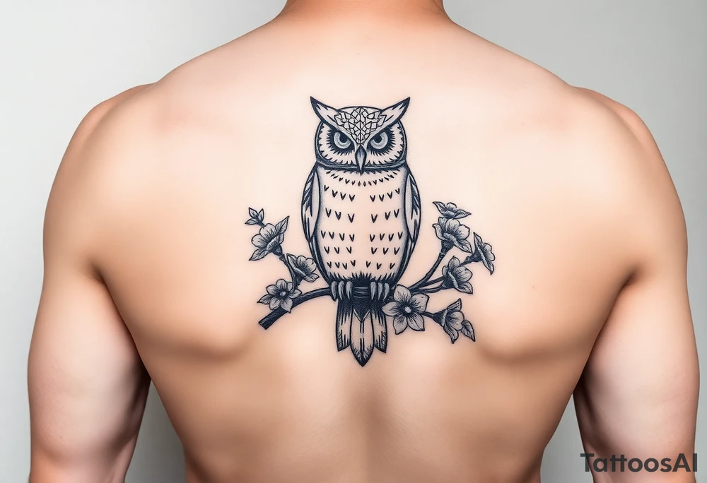 Day of the dead owl sitting on a branch of violets tattoo idea