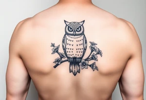 Day of the dead owl sitting on a branch of violets tattoo idea
