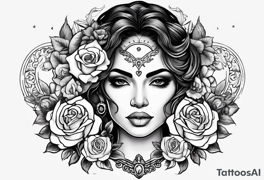 Hispanic/ Latin  woman GODDESS with half skull face, roses, loving heART, strength,  cancer zodiac , time heals all tattoo idea