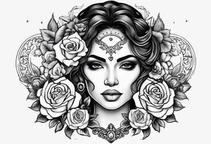 Hispanic/ Latin  woman GODDESS with half skull face, roses, loving heART, strength,  cancer zodiac , time heals all tattoo idea